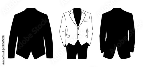 Suit jacket silhouettes set with minimalist flat icons and clean lines featuring fashion, menswear, jackets with black and white and vector illustration