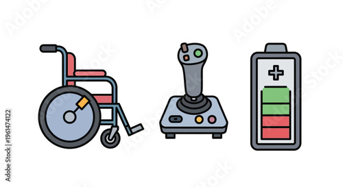 Wheelchair next to joystick controller battery.