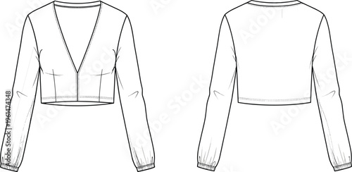 WebTechnical fashion sketch of cropped women’s top with front and back views, featuring deep V‑neckline, long sleeves, fitted bodice, waistband, and cuff detail illustration