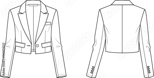 WebTechnical fashion sketch of cropped blazer jacket with front and back views, featuring notched lapel collar, single‑button closure, flap pockets, and seam detail illustration