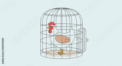 A Rooster Inside a Bird Cage.