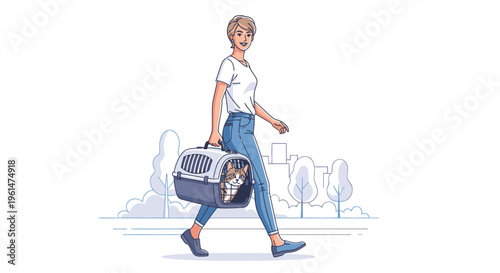 Woman walking with pet carrier bag.