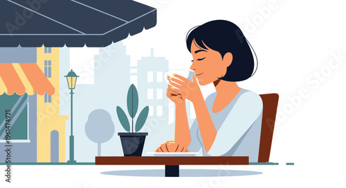 Woman sitting at a table drinking.