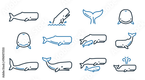 Collection of bi-color outline sperm whale vector icons showing marine mammals swimming, jumping, spouting water, front face view, and mother with calf on white.