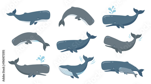 Collection of flat blue sperm whale vector illustrations showing marine life in various poses like swimming, diving, spouting water, and mother with calf on white background.