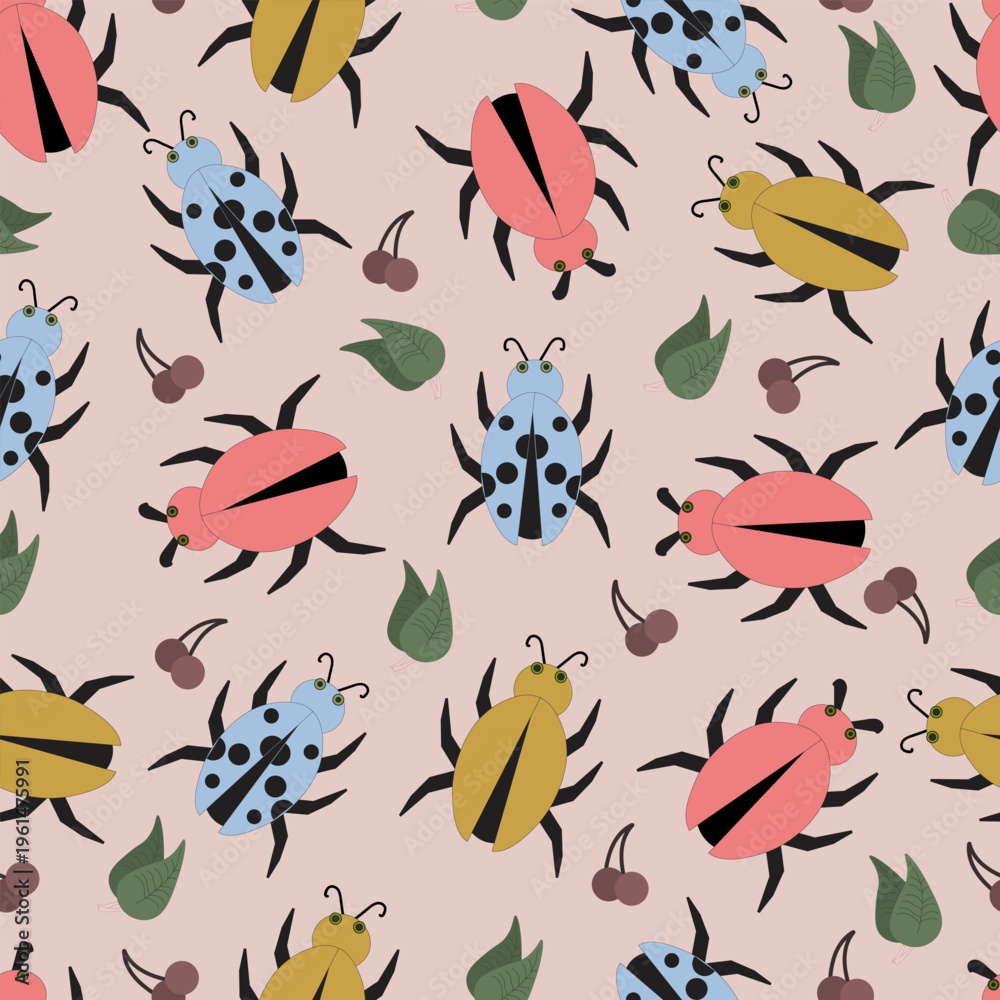 Obraz premium Seamless beetle pattern with leaves and berries