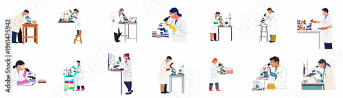 Collection of diverse scientists in white coats working with microscopes and lab equipment in various laboratory research scenarios, isolated on white background.