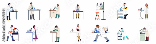 Diverse collection of scientists and laboratory researchers working with microscopes and scientific equipment in flat illustration style isolated on white background.