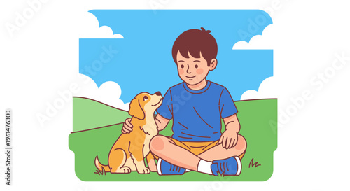 Boy sitting with golden retriever dog.