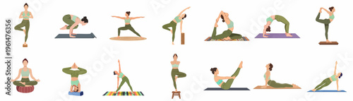 Collection of various yoga poses and exercises illustrated with a woman in green sportswear on a white background.