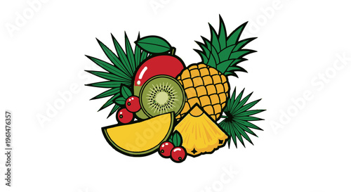 Colorful illustration of mixed tropical fruits.