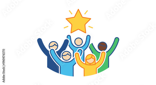 Diverse people celebrating with raised hands.