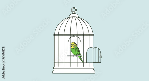 Green Parrot Inside Bird Cage.