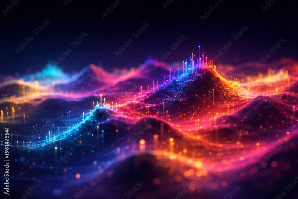Obraz premium AI generated glowing data terrain with flowing waves and luminous particles colorful futuristic background for analytics visualization technology and digital innovation concepts
