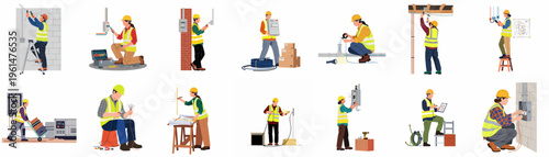Set of Diverse Electrician Characters Performing Electrical Installations, Repairs, and Maintenance Tasks in Residential and Industrial Settings