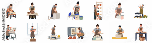 Pottery Workshop Vector Illustration Set Featuring Ceramic Artists Working with Clay, Glazing, and Firing in Professional Studio Environment