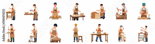 A set of detailed illustrations featuring male bakers performing various tasks in the bread-making process from kneading dough to displaying finished loaves.