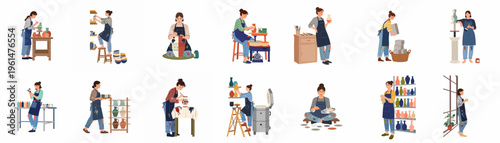 Collection of female pottery artists working in their studios, creating, painting, and firing ceramic vessels in various stages of the craft.