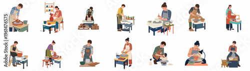 Vector illustrations of diverse potters and ceramic artists throwing, shaping, and painting clay vessels on pottery wheels and workbenches.