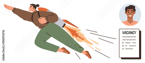 Career development, job hunting, recruitment process, ambition, innovation, self-growth. Young person with jetpack flying toward vacancy document. Ambition and career development concept