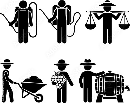 Agriculture and Farming Icons Set – Farmer, Spraying Crops, Harvest, Wheelbarrow, Wine Barrel Black Silhouette Illustration