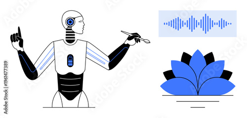 AI technology. A futuristic robot showcases AI capability and voice recognition features. AI technology symbolism with a digital lotus icon. For tech, innovation, AI systems, automation, future
