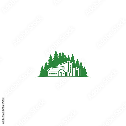 Eco-friendly architectural design of a modern complex nestled among lush green pine trees, symbolizing sustainable living and nature integration