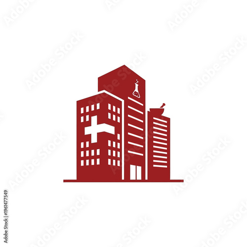 Modern healthcare building with pharmacy and medical cross icons, representing pharmaceutical research and development