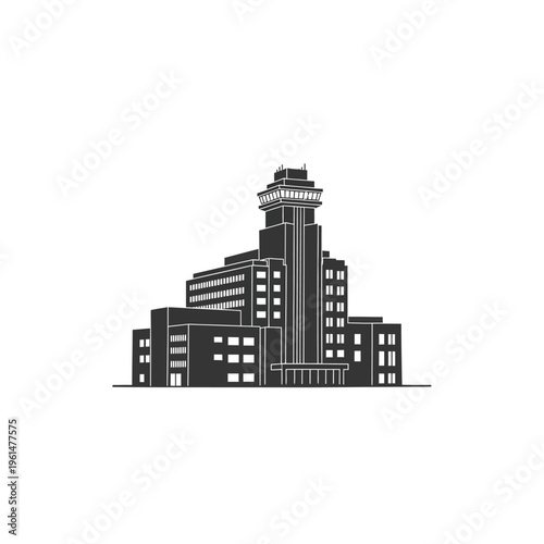 A stylized line drawing of a multi-story building with a tower at the top, suggesting a modern scientific or industrial facility