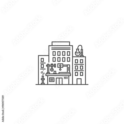 Minimalist illustration of a modern building with a crane and laboratory equipment suggesting industrial or scientific innovation