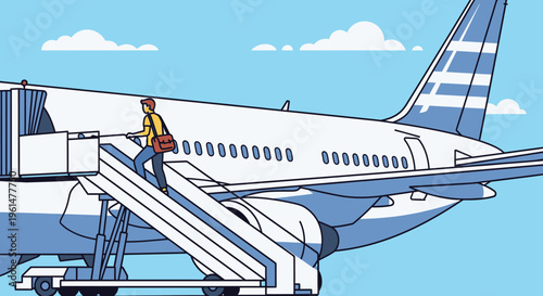 Airplane boarding passenger with luggage.