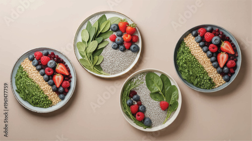 Four beautifully arranged bowls of healthy breakfast smoothie with berries and greens with plant based
