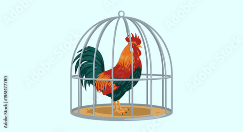 Colorful Rooster Inside Metal Cage.