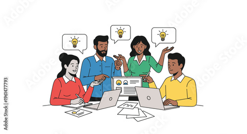 Diverse group of people brainstorming ideas.