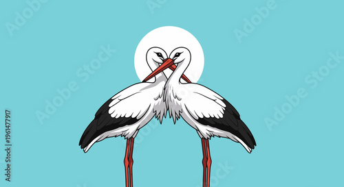 Two white storks standing together peacefully.