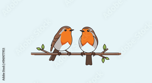 Two robins sitting on branch together.