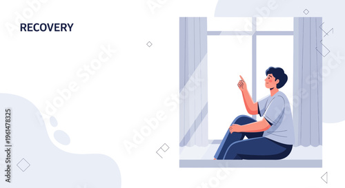 Man sitting by window, pointing up, symbolizing hope and recovery