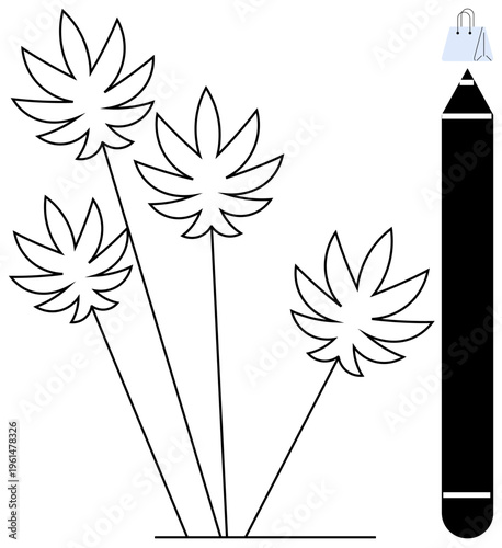 Creative design, marketing, branding, cannabis culture, artistic tools, consumerism. Cannabis leaves, pencil icon shopping bag. Creative design and marketing with symbolic elements