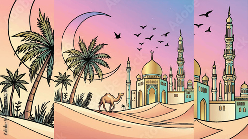 Islamic desert scene with mosque, camel, palm trees, and crescent moon, middle east