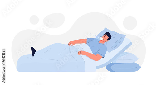 Man lying in bed with oxygen mask, sick, ill, breathing difficulty, medical treatment