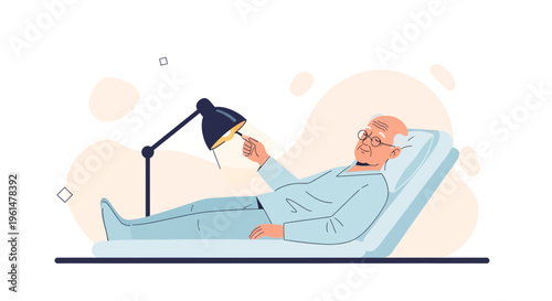 Elderly man in hospital bed with medical lamp, healthcare concept