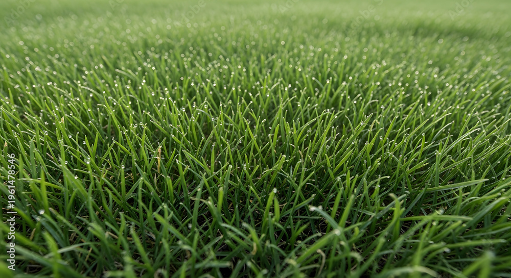 Fototapeta premium Lush Green Grass: Close-up of vibrant green grass with dewdrops, a symbol of freshness and tranquility.