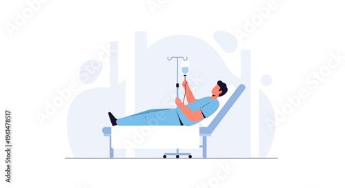 Patient receiving IV drip in hospital bed, medical treatment and healthcare concept