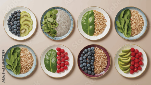 Eight healthy breakfast bowls with berries, kiwi, spinach, and grains, arranged in a grid on a neutral background, overhead view