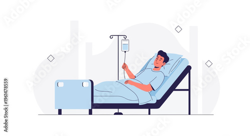Patient in hospital bed with IV drip, medical care and recovery concept