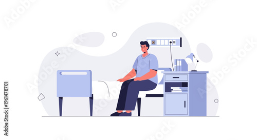 Patient in hospital room with medical equipment, flat design illustration