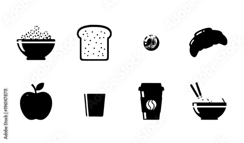 Breakfast food icon set cereal toast egg croissant coffee juice vector illustration