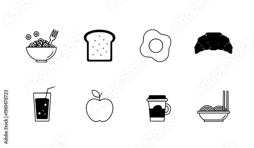 Minimal breakfast food icons cereal toast egg coffee juice vector illustration set