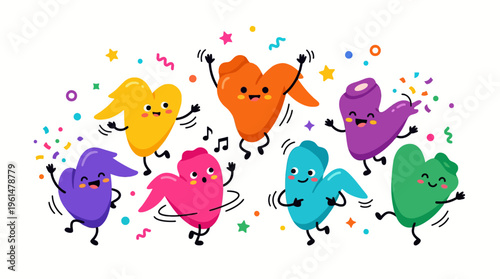 Vibrant animated chicken wing characters joyfully dancing amidst festive confetti, embodying a cheerful party or fun food celebration with musical flair and lively energy