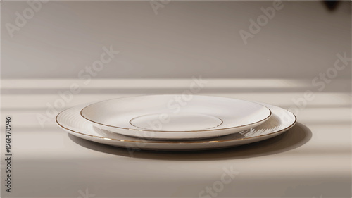 Two elegant white plates with gold rim on a shelf, softly lit with natural light, still life